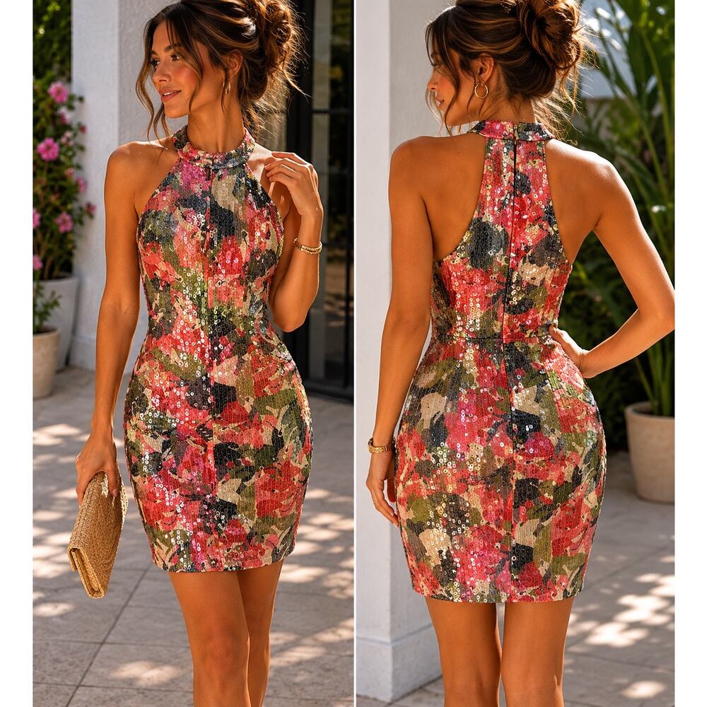Hutch | Sequin Abstract Floral Ruched Mini Dress - Picture 3 of 13